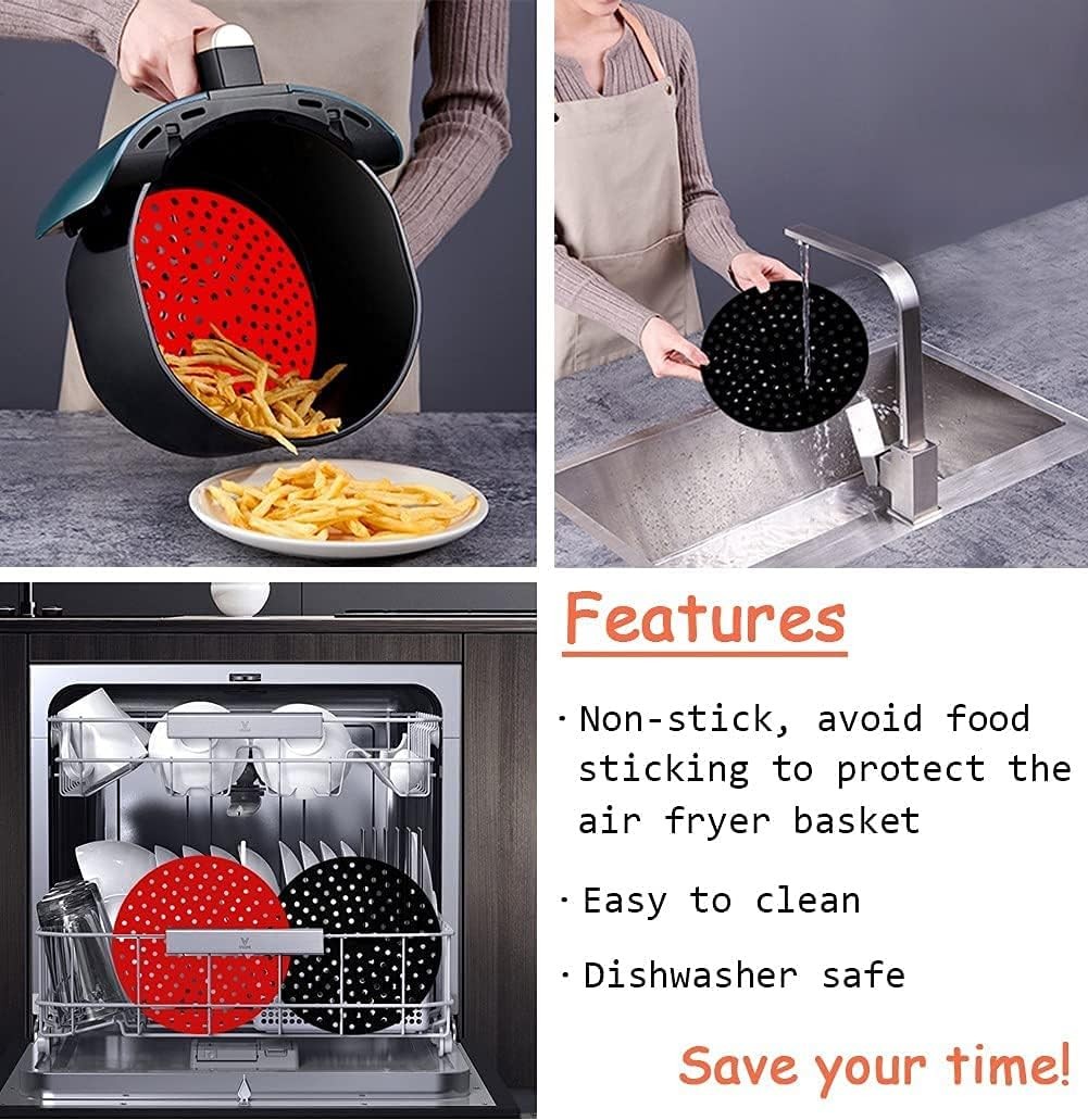 Reusable Air Fryer Silicone Liners 2-Packs, 8 Inch Round 8 inch, Black/Red