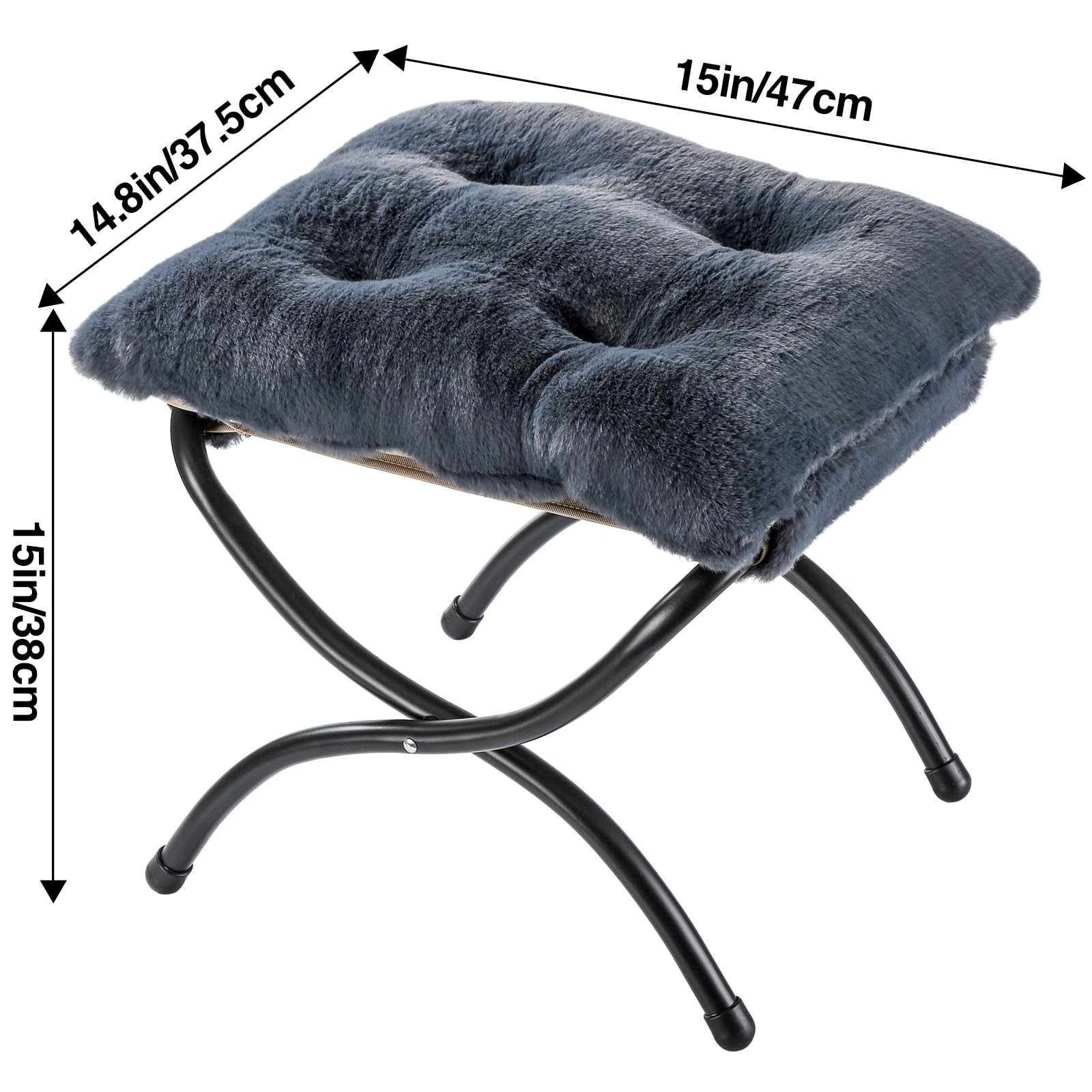 WELL-STRONG 15" Foldable Ottoman Foot Stool Metal Frame Washable Faux Fur Navy