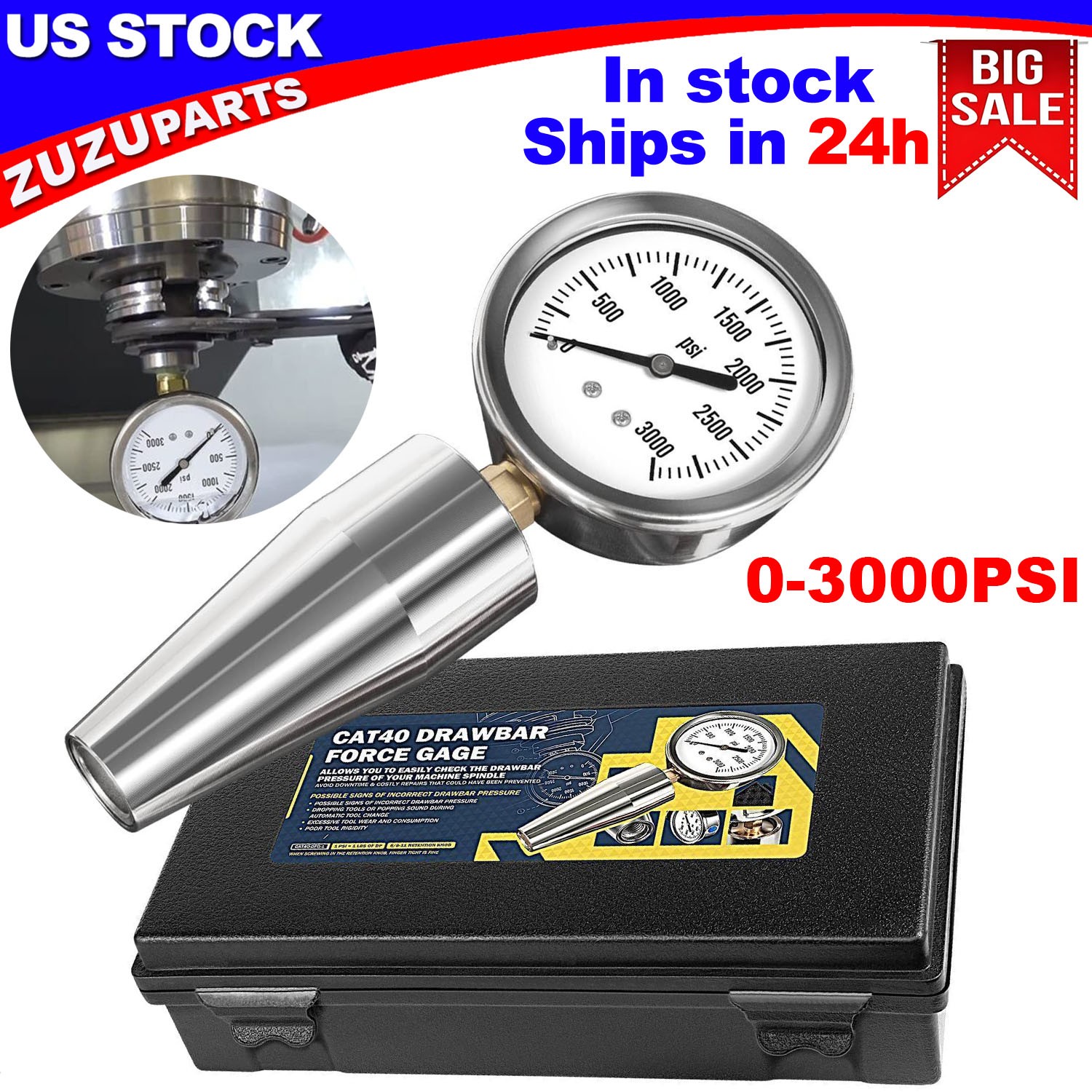 Bt40 CAT40 Drawbar Force Gage Spindle Force Test Gauge Checker Tool 0-3000PSI