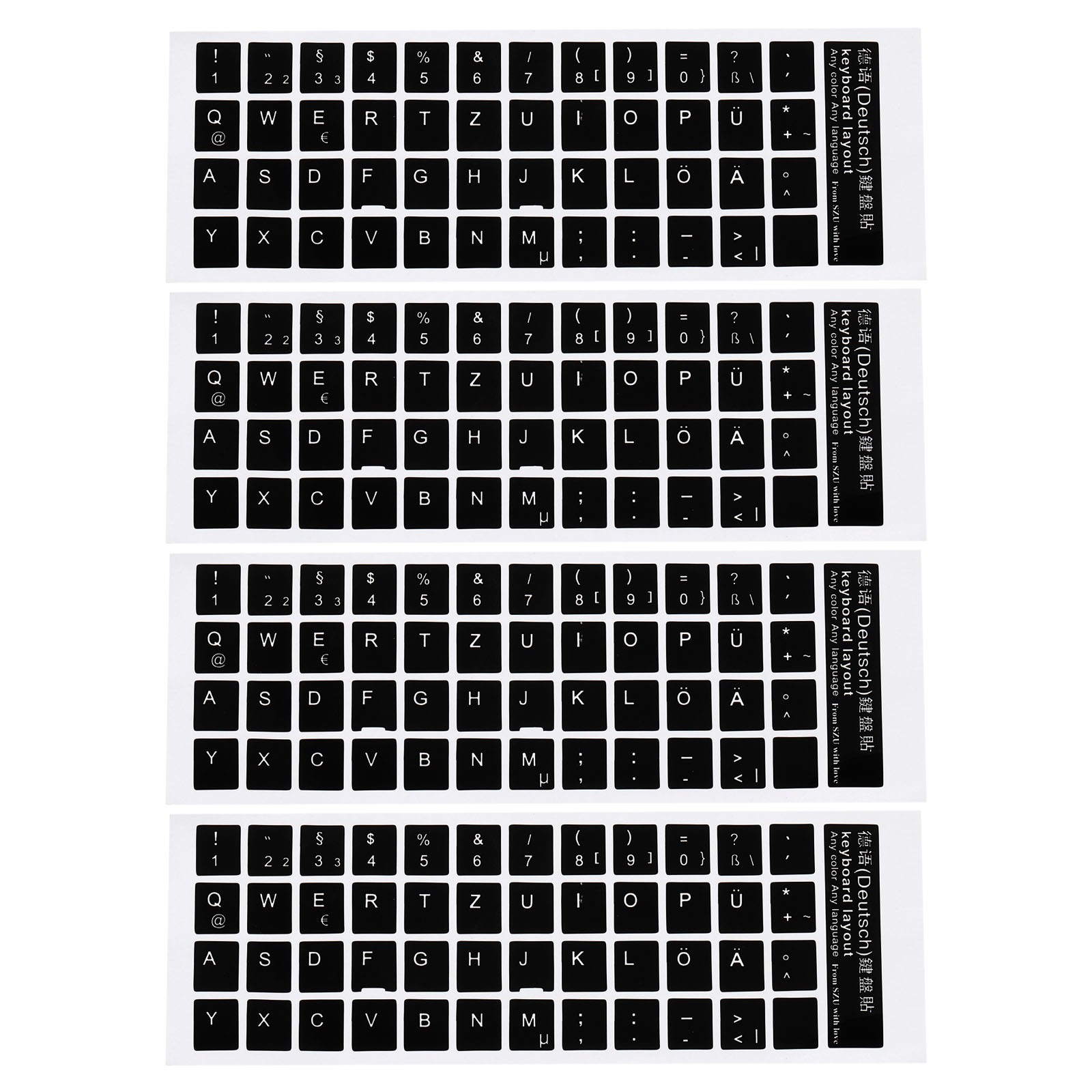 German Keyboard Stickers Cover Smooth, Black Background White Lettering 4pcs