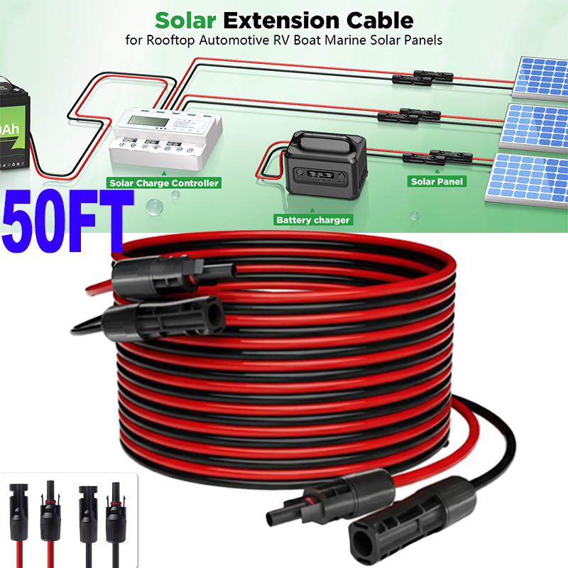 50ft Black + 50ft Red 10AWG Solar Panel Extension Cable Flexible Wire Connectors