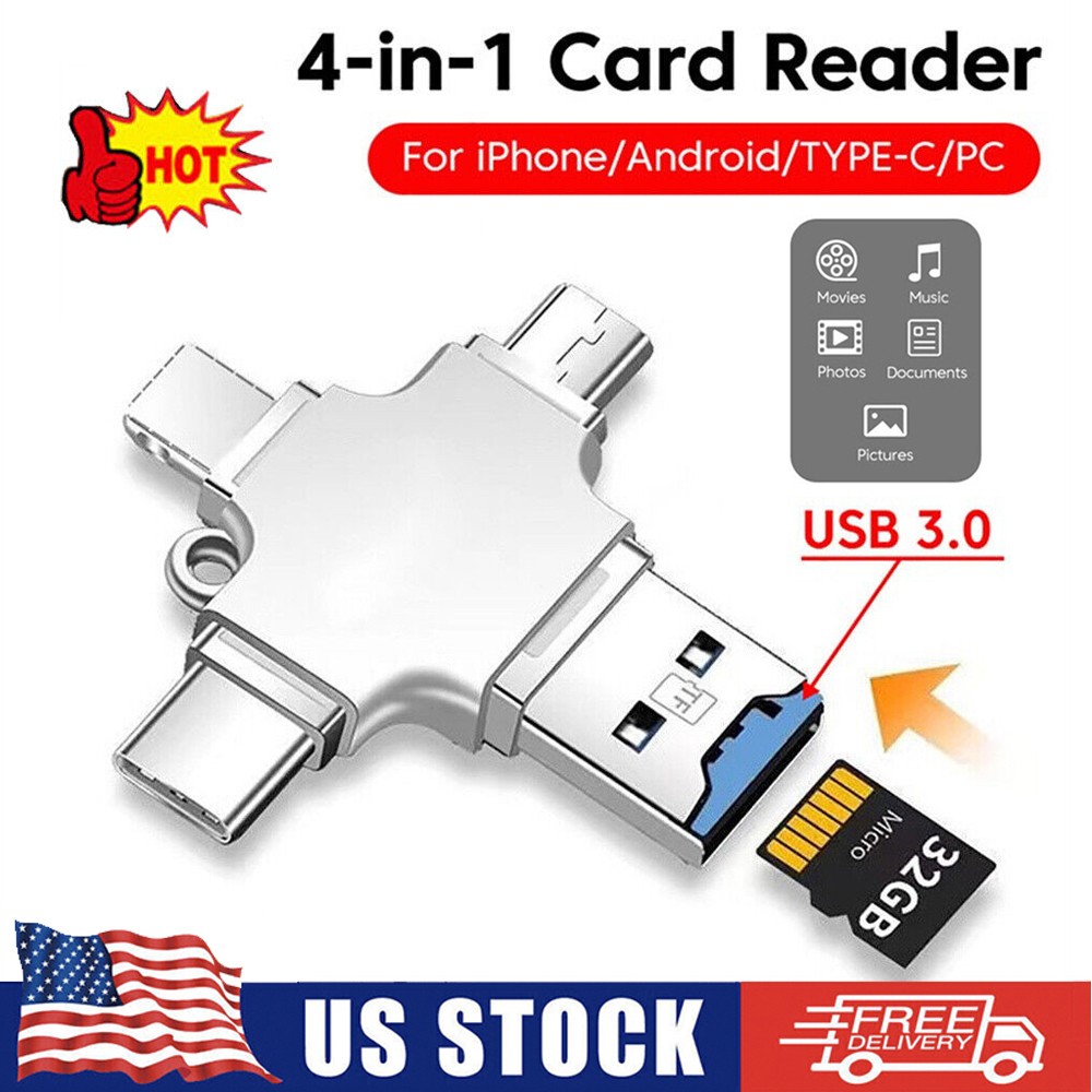 4 IN 1 USB 3.0 Type C TF Memory Card Reader Adapter for iPhone Android iPad PC