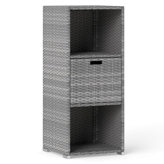 Outdoor Storage Cabinet Patio Wicker Organizer with Drawer-Gray - Color: Gray