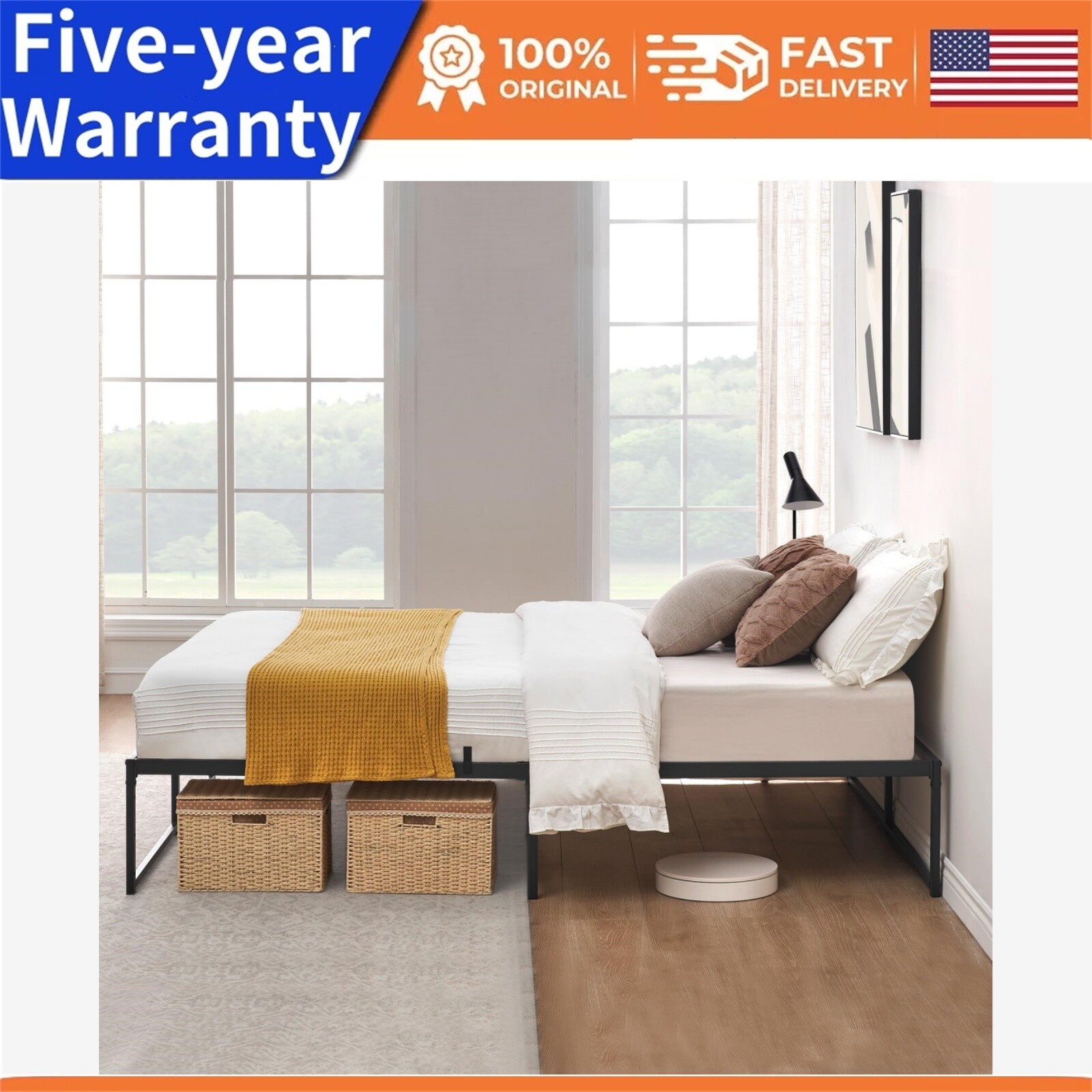 Full Size Bed Frame Platform 14 inch No Box Spring Needed 3 in 1 Steel Suppo