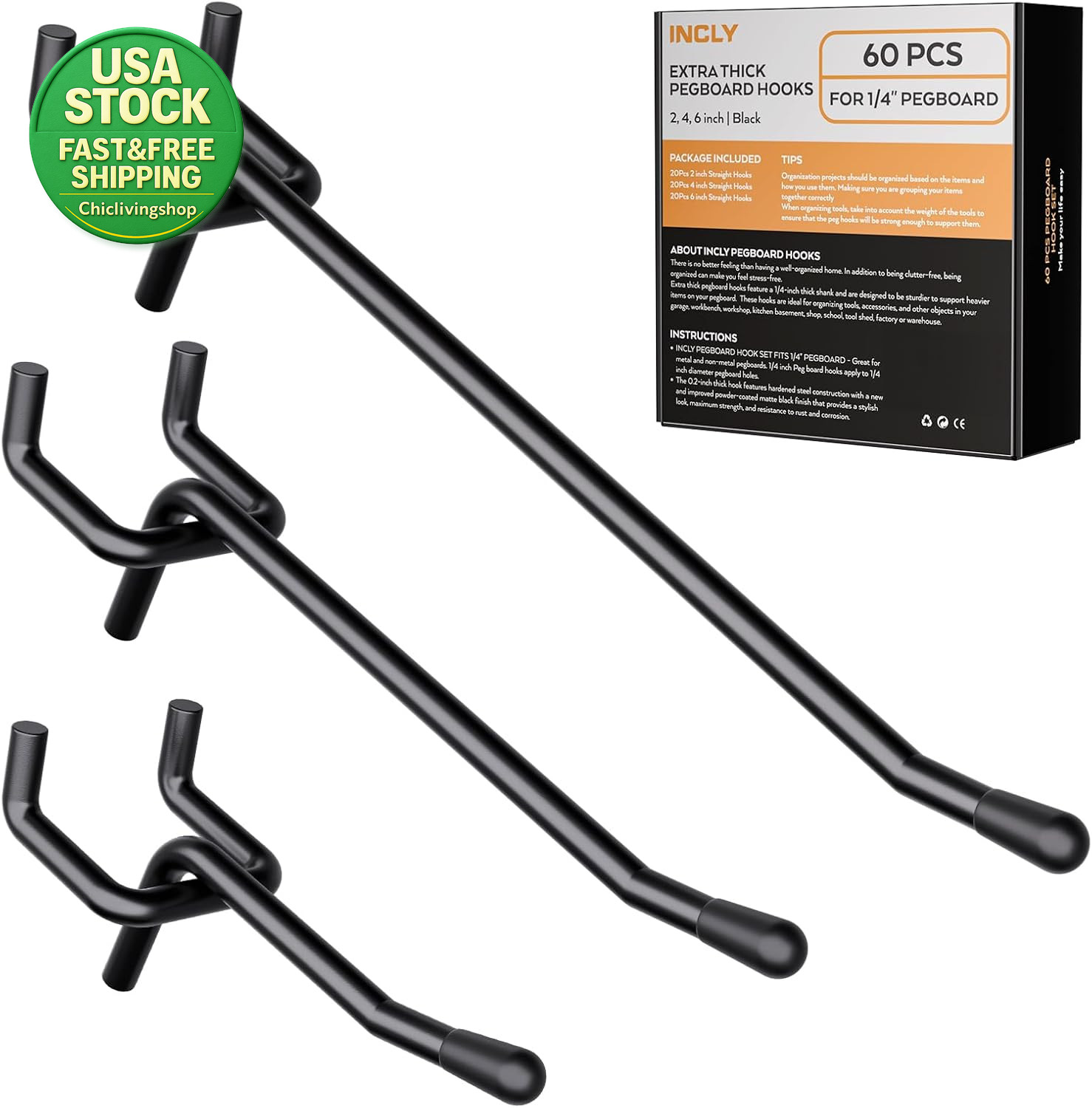 60 Pack Heavy Duty Pegboard Hooks 2 4 6 Inch Black Steel Tool Hangers 1 4 Inch