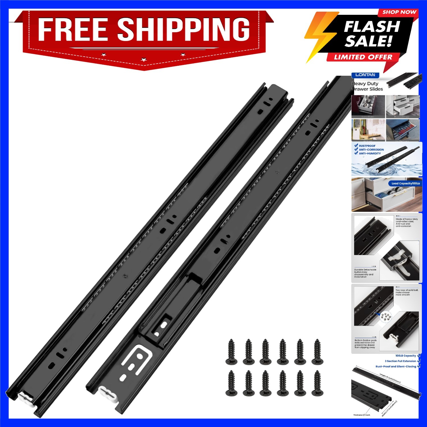 Full Extension Ball Bearing Drawer Slides 8 10 12 14 16 18 20 22 24 Inch Heav...