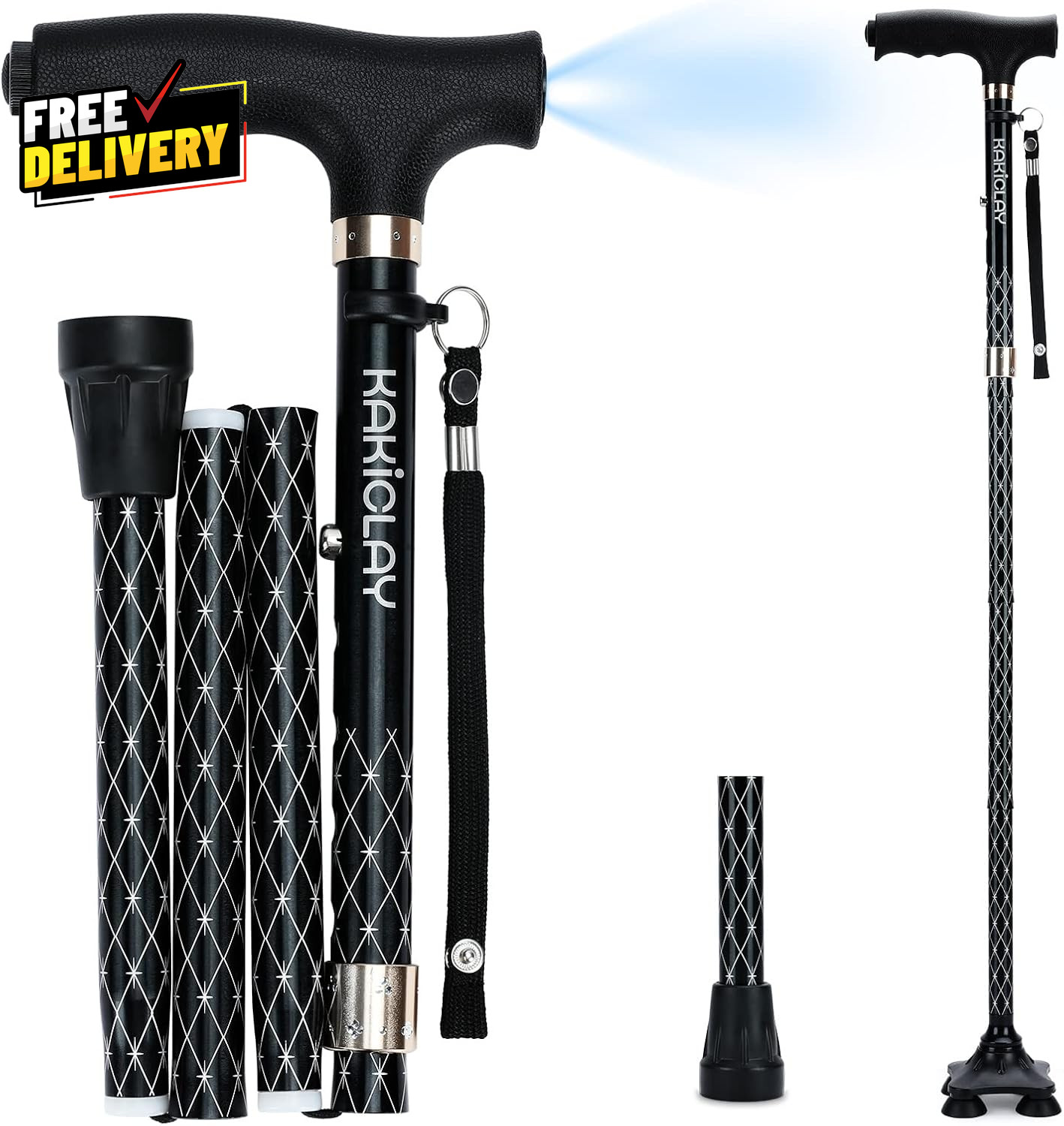 Folding Walking Cane with LED Light for Women & Men Foldable Adjustable Collap..