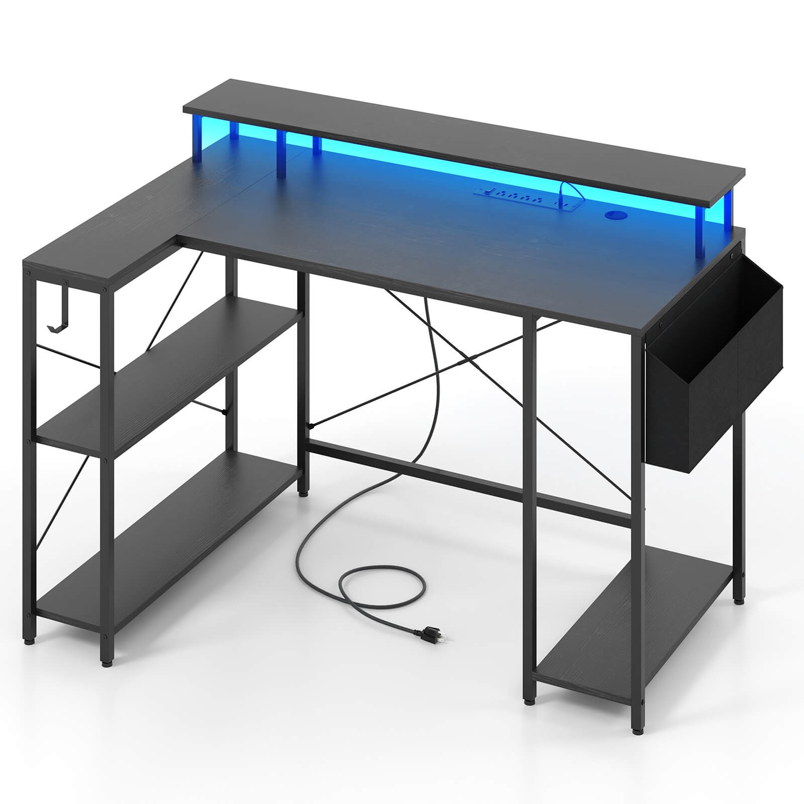 48" L-Shaped Gaming Desk w/LED Lights & Power Outlets Storage Shelves