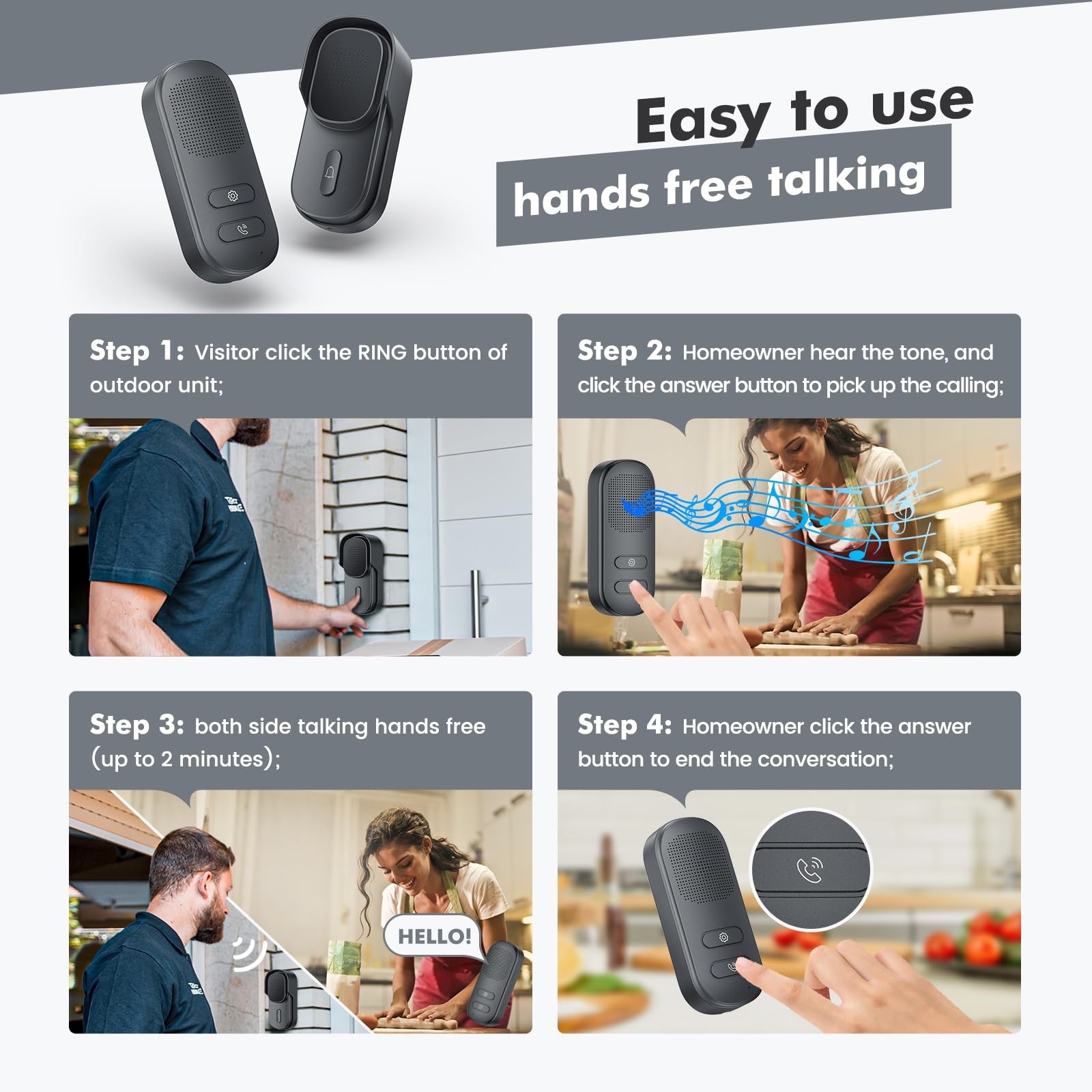 Hands Free Wireless Intercom Doorbell for Home Classroom, Wuloo Two-Way