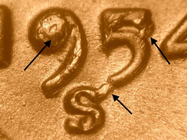1954-S Ch/Gem BU Uncirculated Lincoln Cent filled 9 & 5 Over To "S" Mintmark#2