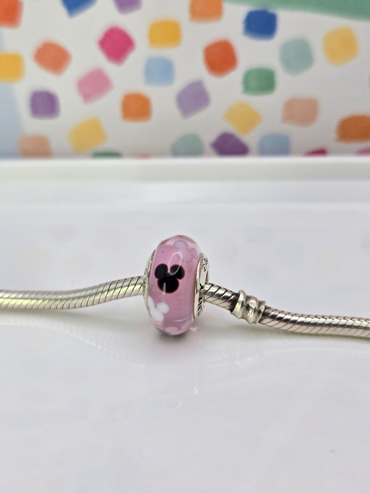 Authentic Pandora Disney Mickey Mouse Parks Pink Icon Murano glass Silver Charm