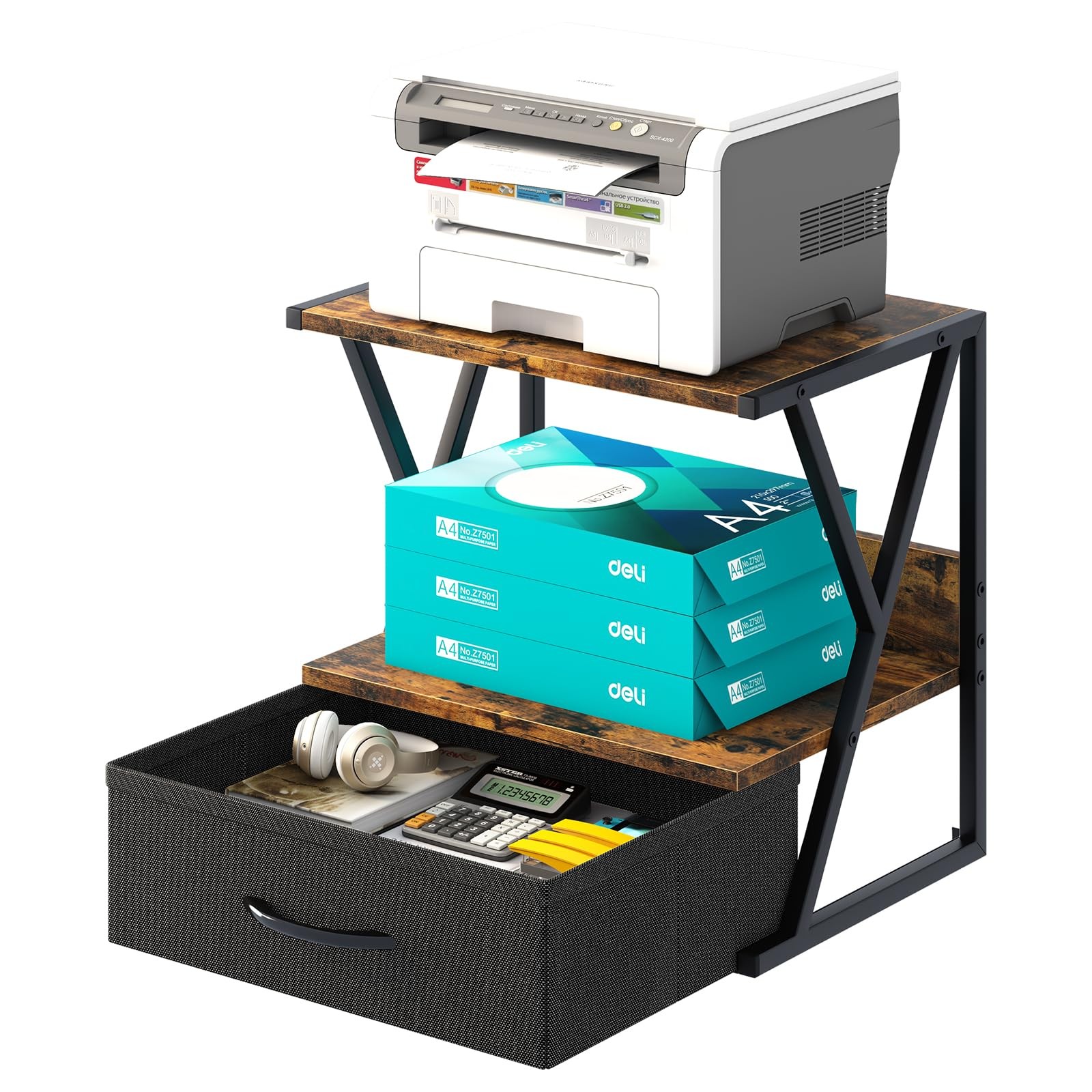 aboxoo Printer Stand for Desk with Storage Drawer, 2 Tier Brown