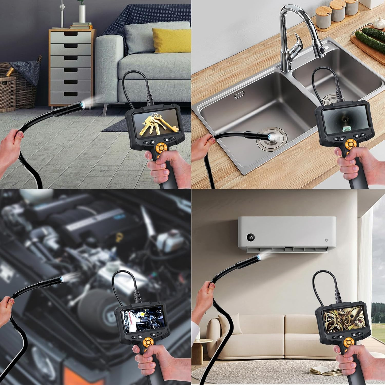 Endoscope Camera with Light, 1080P HD Borescope with 8 Adjustable Lights, 4.3" E