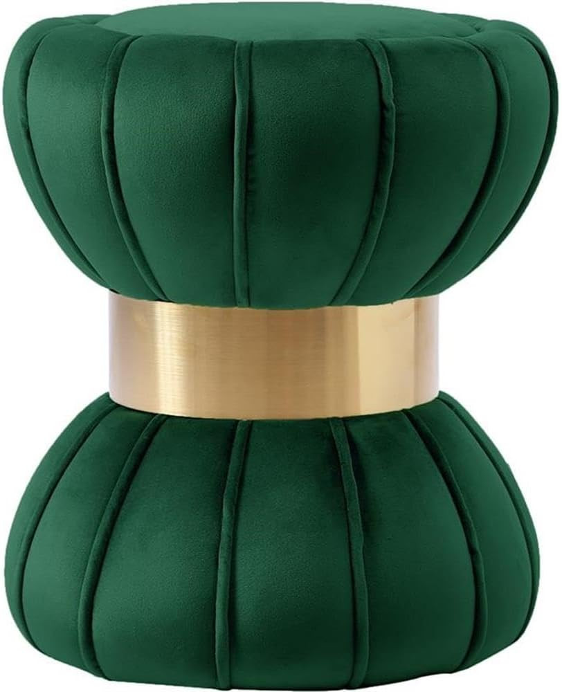 Modern Velvet Hourglass Ottoman with Gold Band - Green 15.5" x 17