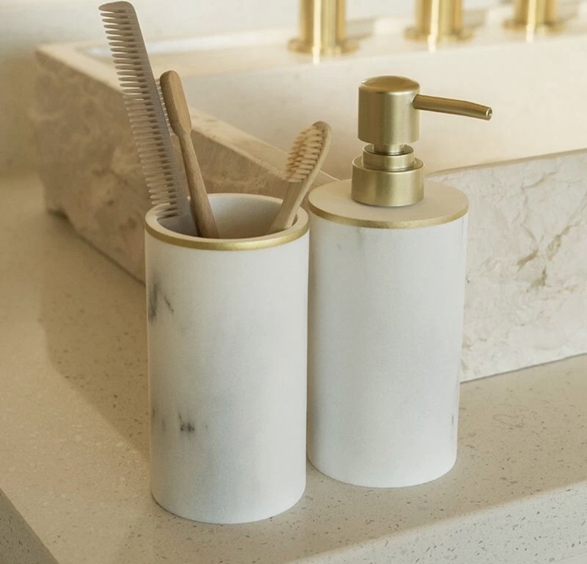 Sunday Citizen Bathroom Set Soap Dispenser & Toothbrush Cup - Resin Marble
