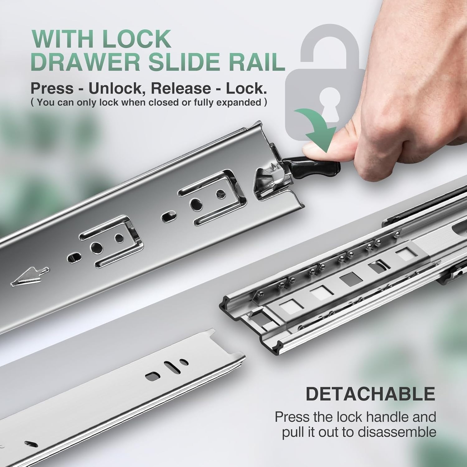 22 Inch Full Extension Drawer Slides - 150 lb Load Capacity with Locking Feature