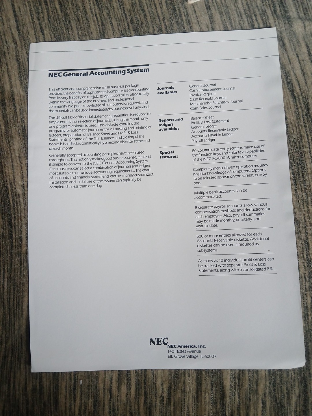 Vintage Brochure 1 Page NEC Software Information PC-8000 Series Microcomputer
