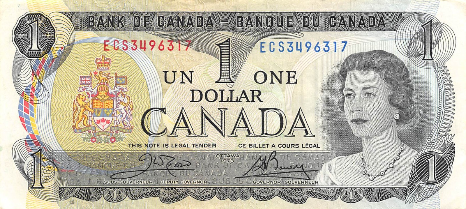 Canada  $1  1973  Series  ECS  Que. II  Plate 11  Circulated Banknote M12J