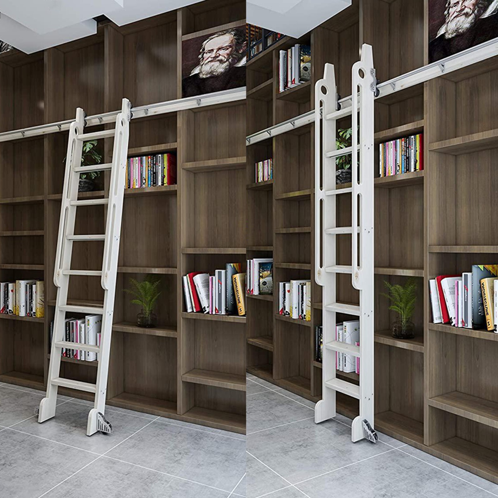 Telescopic Vertically Stored Sliver Grey Sliding Rolling Library Ladder Hardware