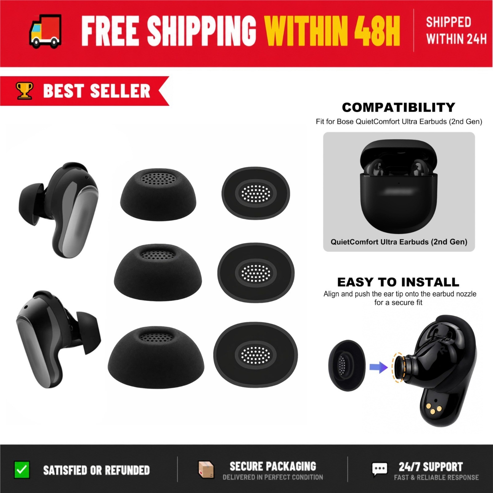Replacement Ear Tips for Bose QuietComfort Ultra Earbuds - 3 Pairs Black