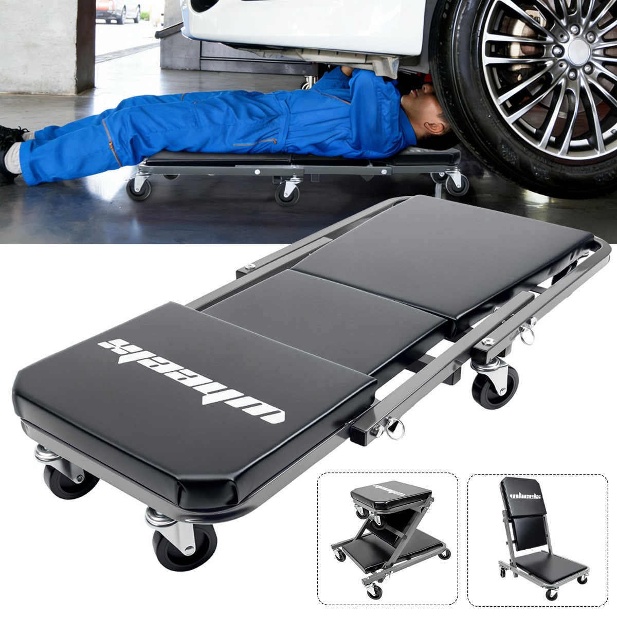 Mechanic Creeper 36'' 340Lbs Folding Rolling Z Garage Stool Repair Chair 3 in 1