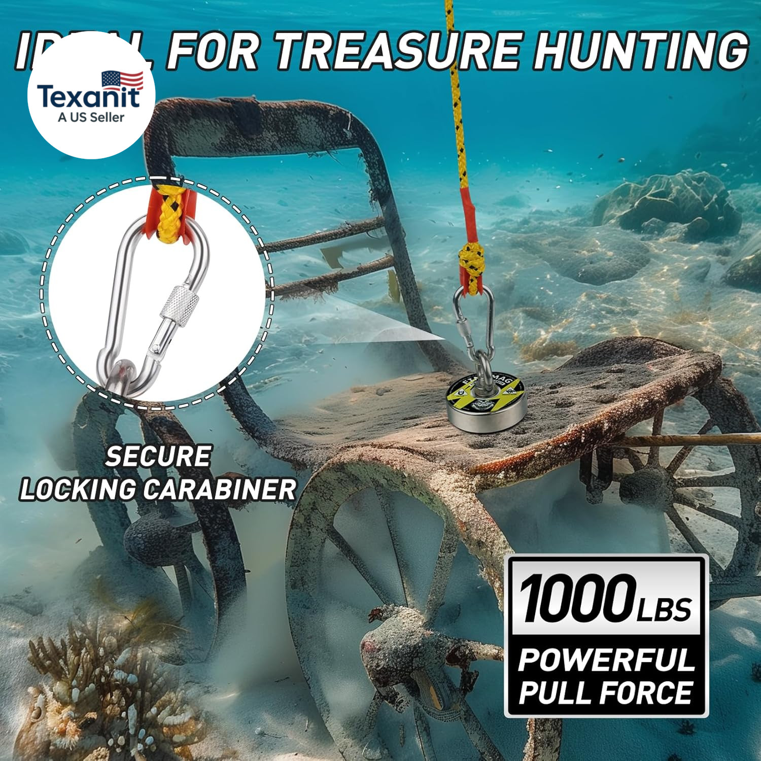 Double Sided 1000 Lbs Pulling Force Magnet Fishing Kit with Case, 2.95" Diameter