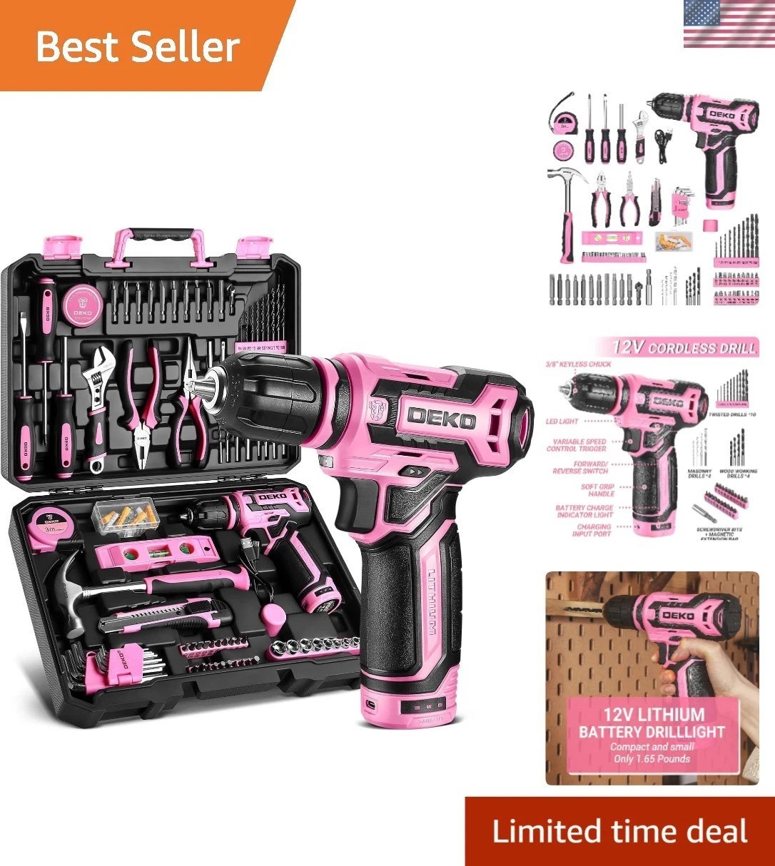 All-In-One Pink Drill Tool Set with 12V Cordless Power Drill – Portable & Handy