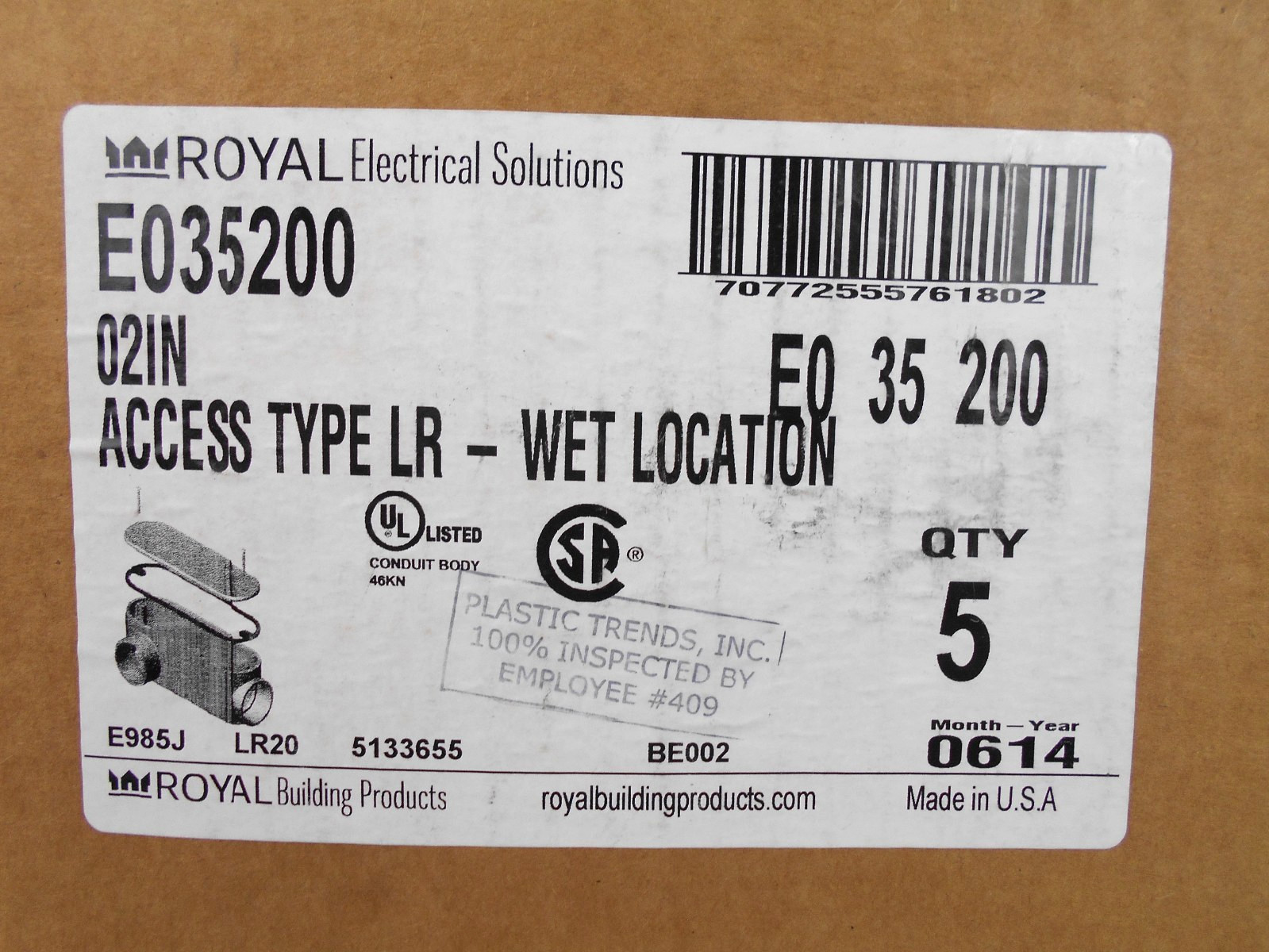 LOT OF 5 - 2'' Access Fittings Type LR Conduit Body PVC Gray ROYAL RSLR 60S