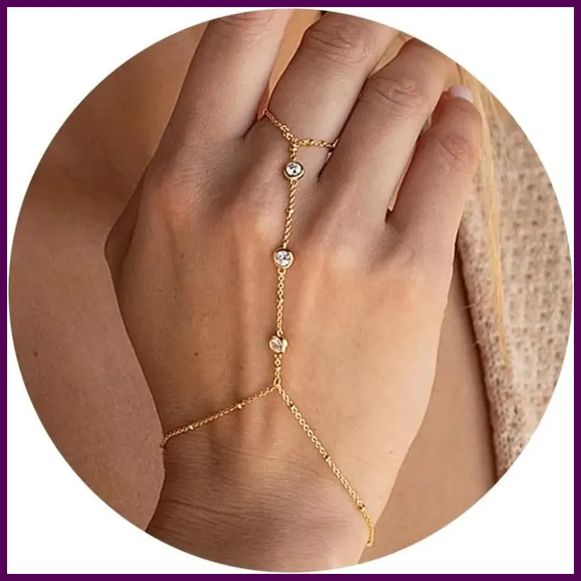 Hand Chain Ring Bracelet Jewelry for Women Girl Dainty 14k Gold Plated Trendy.
