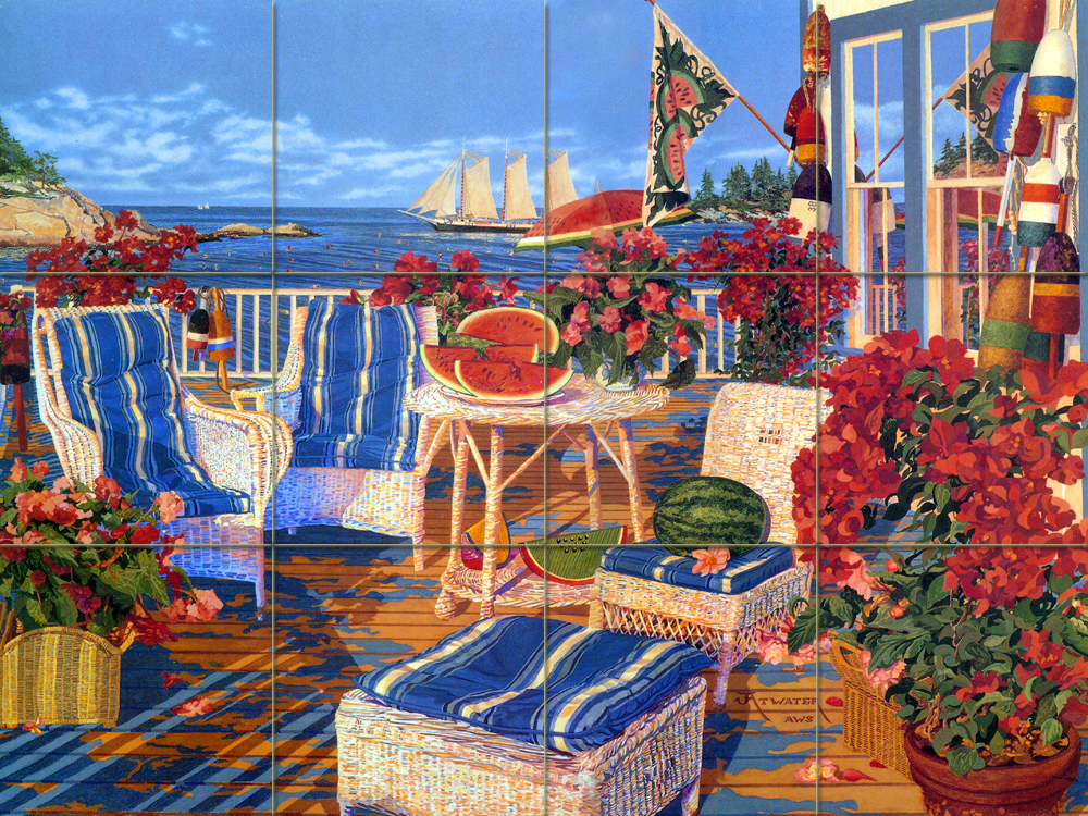 Art Sea Colorful Sailboat Porch Flowers Mural Tumbled Marble Decor Tile #178