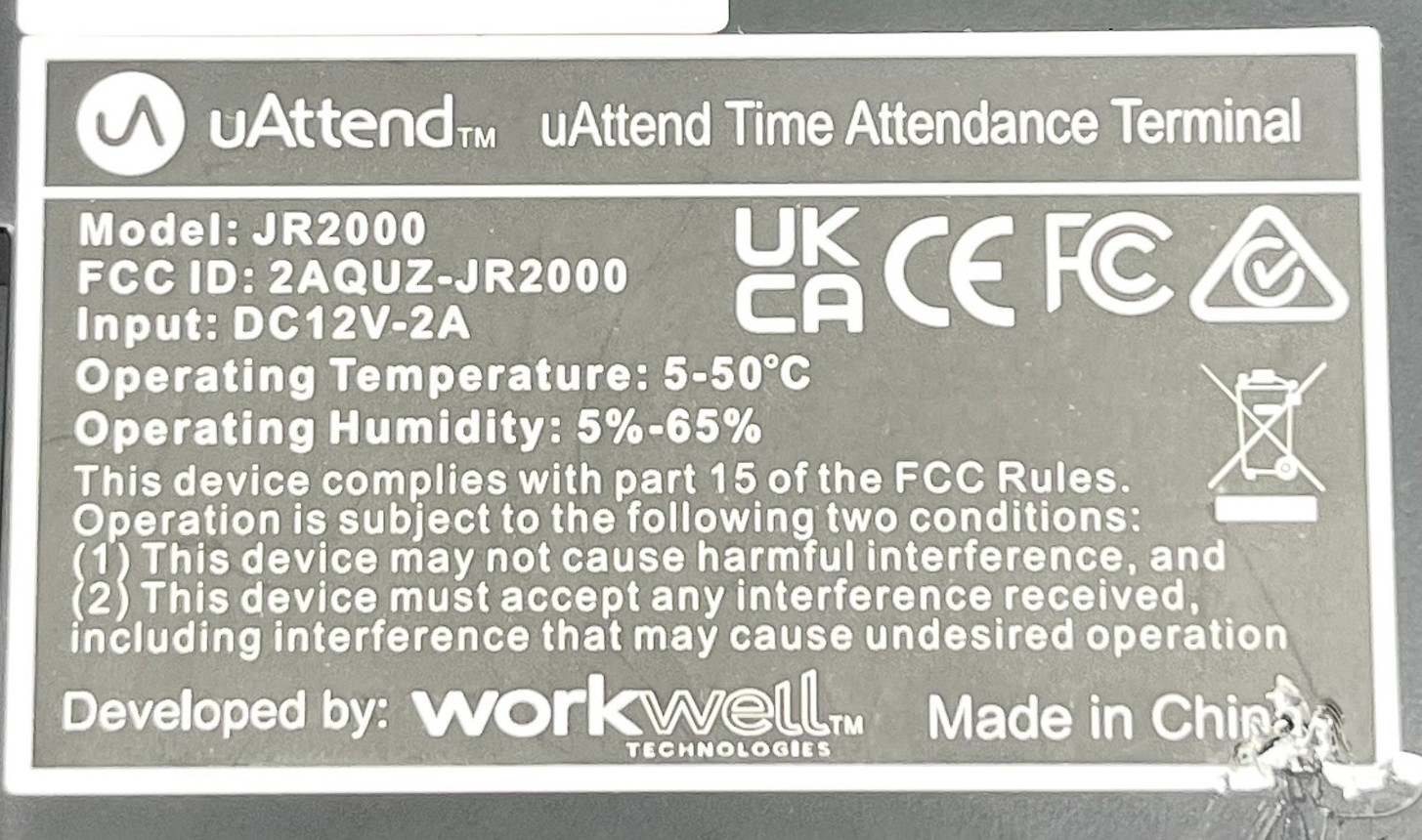 uAttend Biometric/Time Attendance Terminal Model JR2000 - Black
