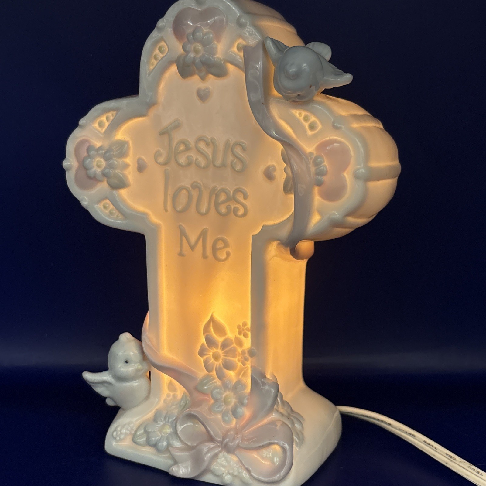 Vtg "Jesus Loves Me" Night Light Lamp Cross Bible Birds Enesco Sam Butcher 1990s