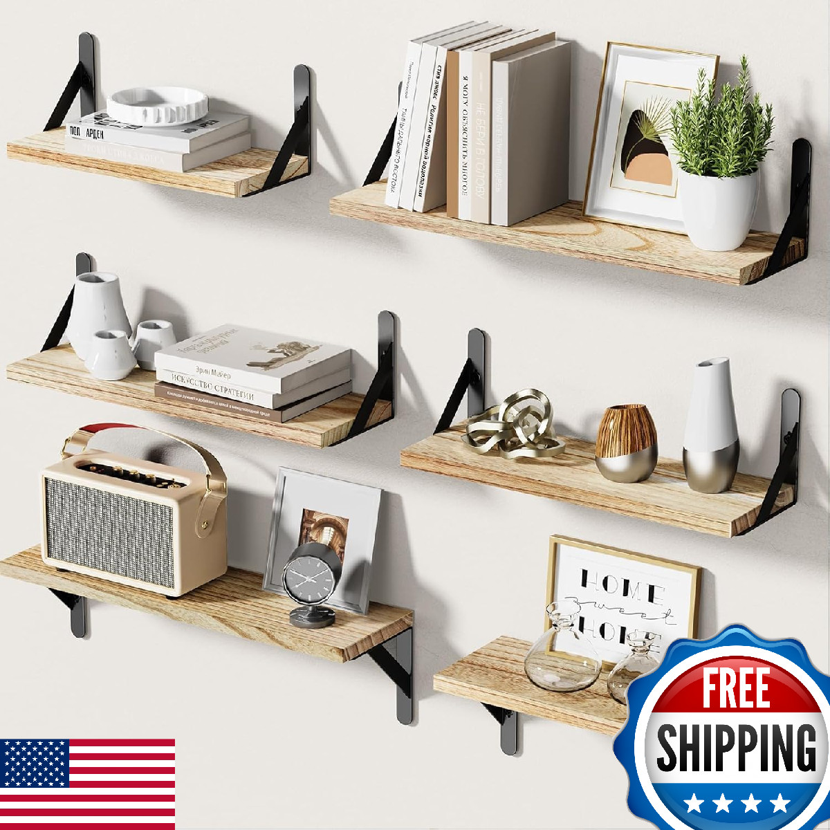 AMADA HOMEFURNISHING Wall Shelves Set of 6, Rustic Wood Floating Shelves