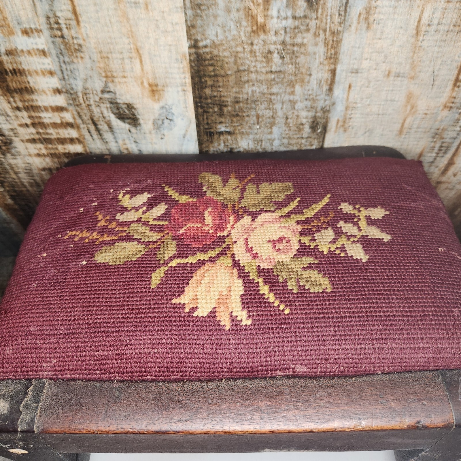 Antique Mahogany Footstool Ottoman with Petitpoint Floral Needlepoint Cover Vtg