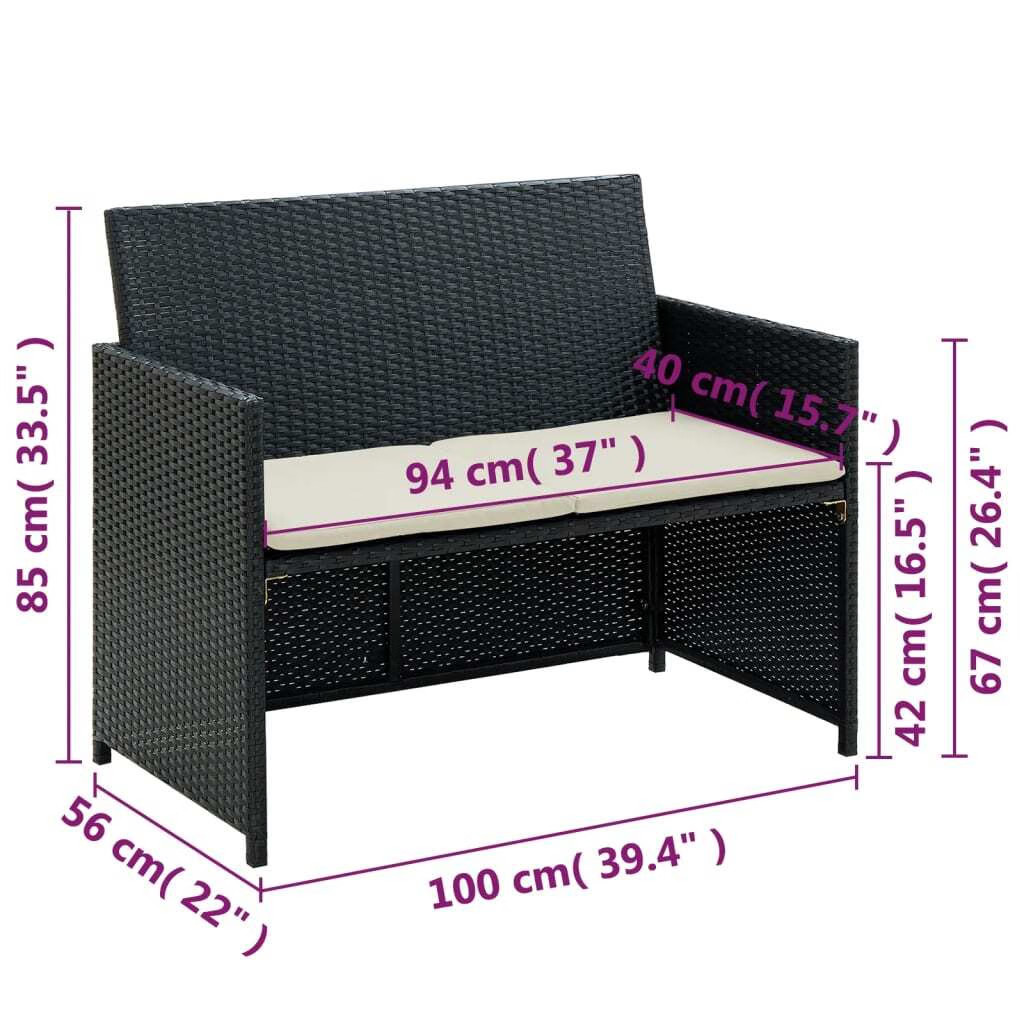 2 Seater Patio Sofa with Cushions Black Poly Rattan