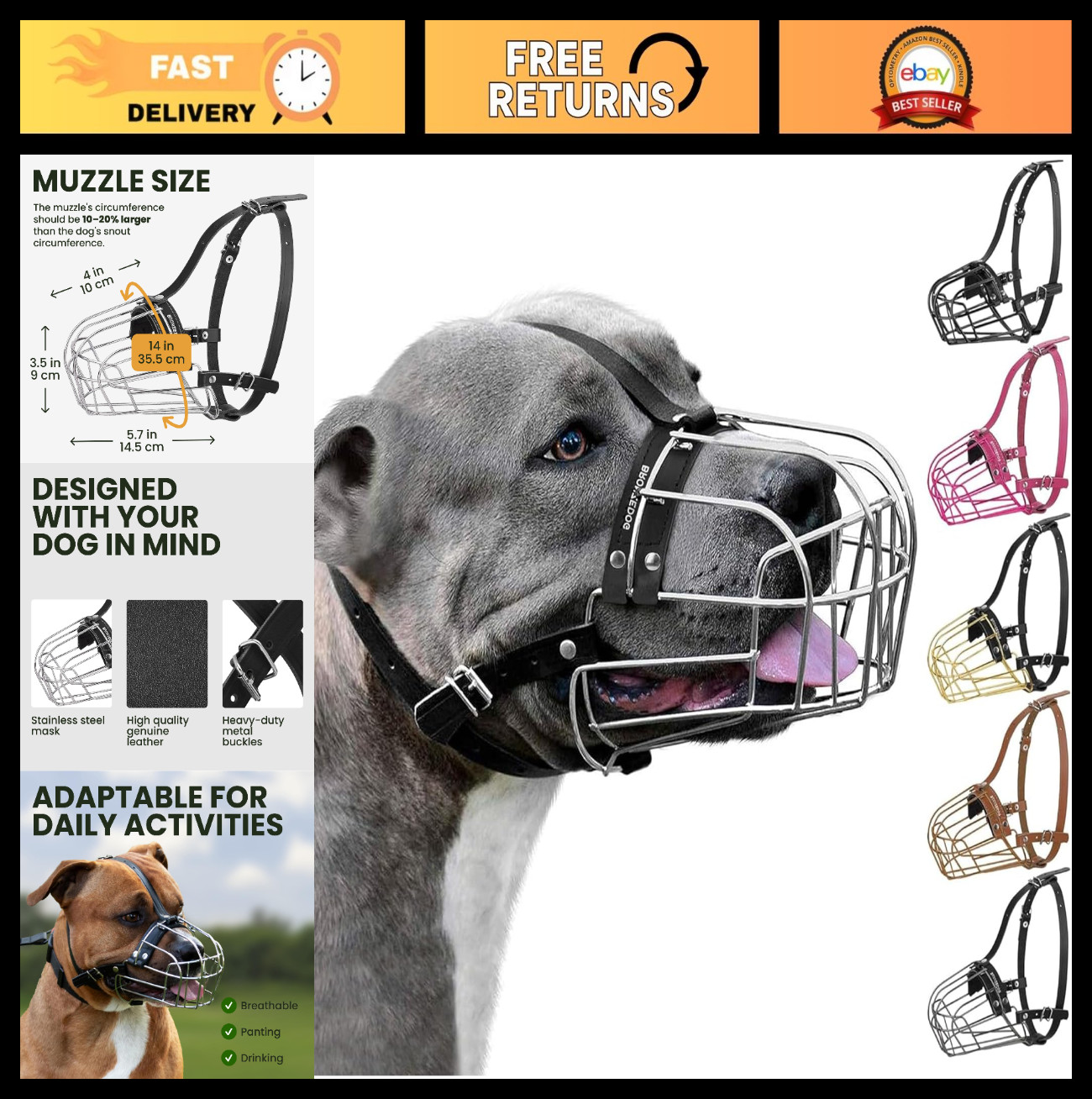 Adjustable Metal Dog Muzzle for Pitbulls & Amstaffs - Wire Basket Design, Large