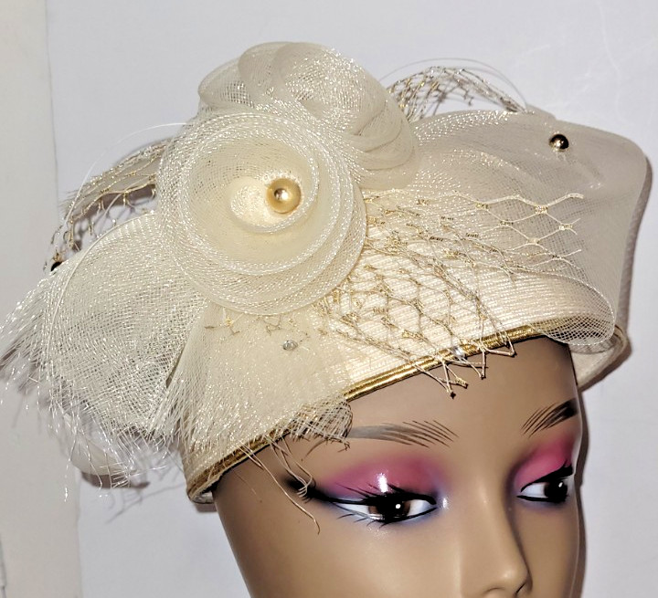 Mr. Hi's Womens Fascinator Hat Ivory Feathers Rhinestones Mesh Roses Gold Accent