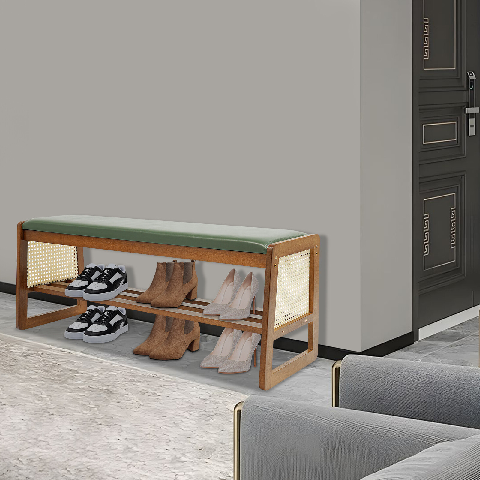 Shoe Rack Entryway 3-Tier Bamboo Shoe Bench Organizer W/Cushion Modern Stool