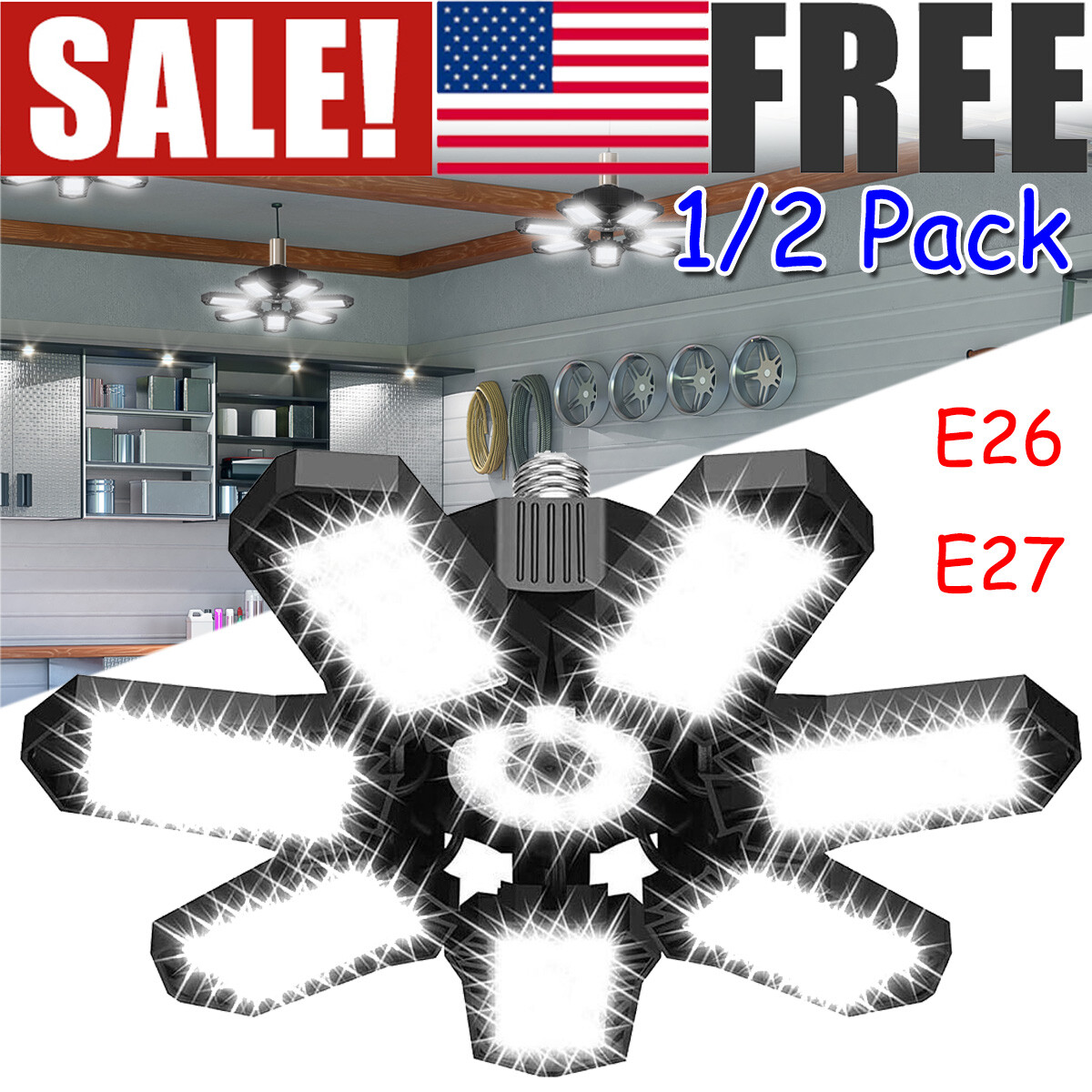 12000000LM LED Garage Light Super Bright Work Shop Ceiling Deformable Bulb Lamp