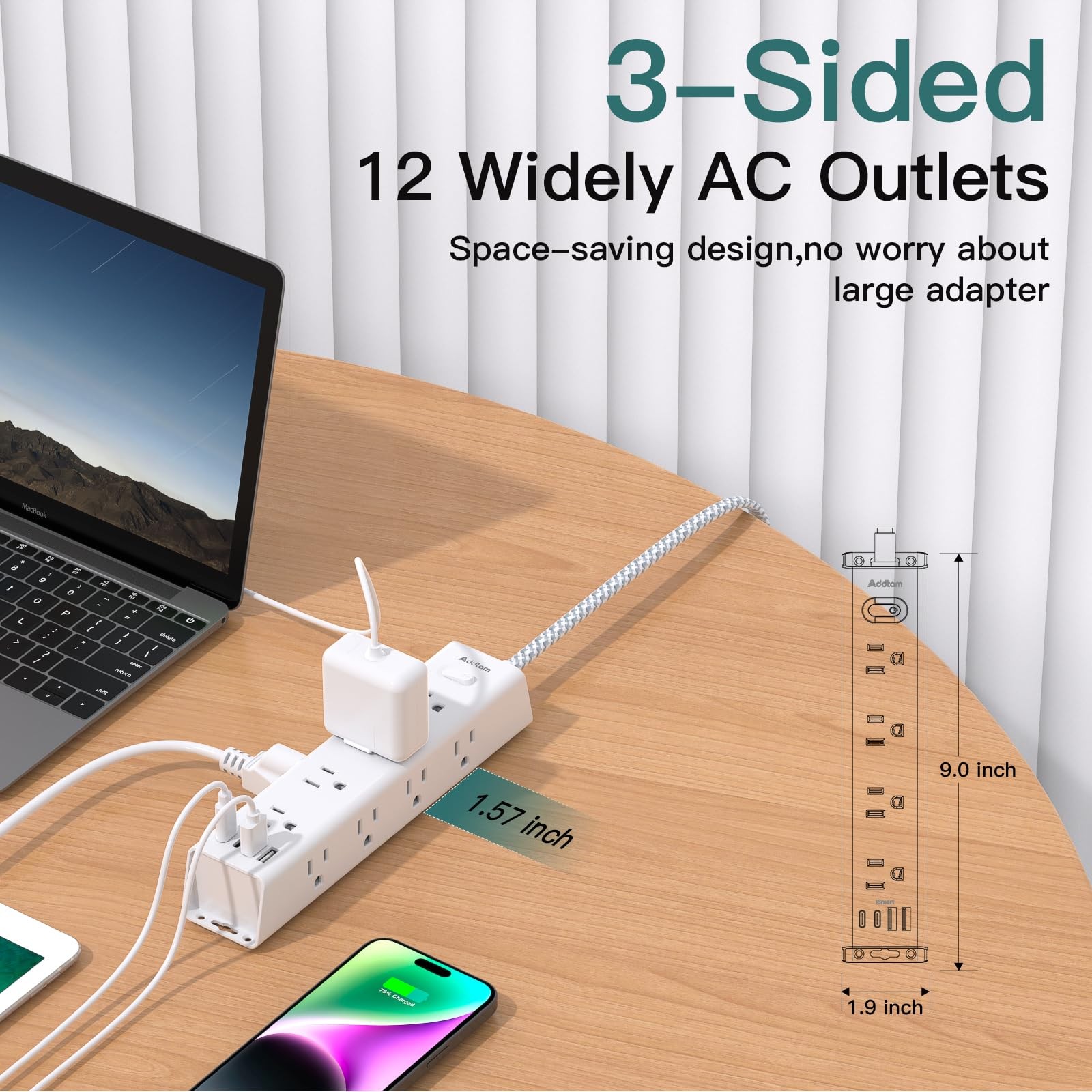 Surge Protector Power Strip - 10 FT Extension Cord, 10FT, White