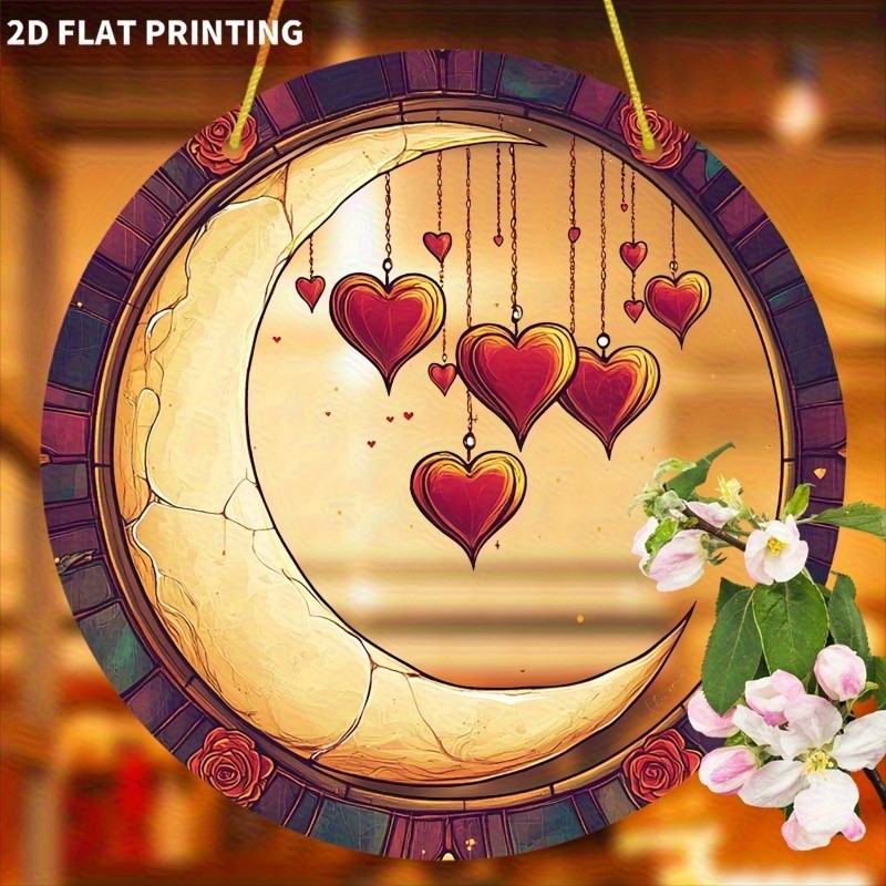 Golden Crescent Moon Hanging Red Hearts Rose Trim Romantic Acrylic Suncatcher