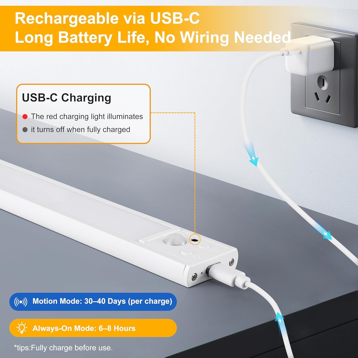 8 Inch Under Cabinet Lighting with Remote, 2 Pack Rechargeable Motion Sensor Lig