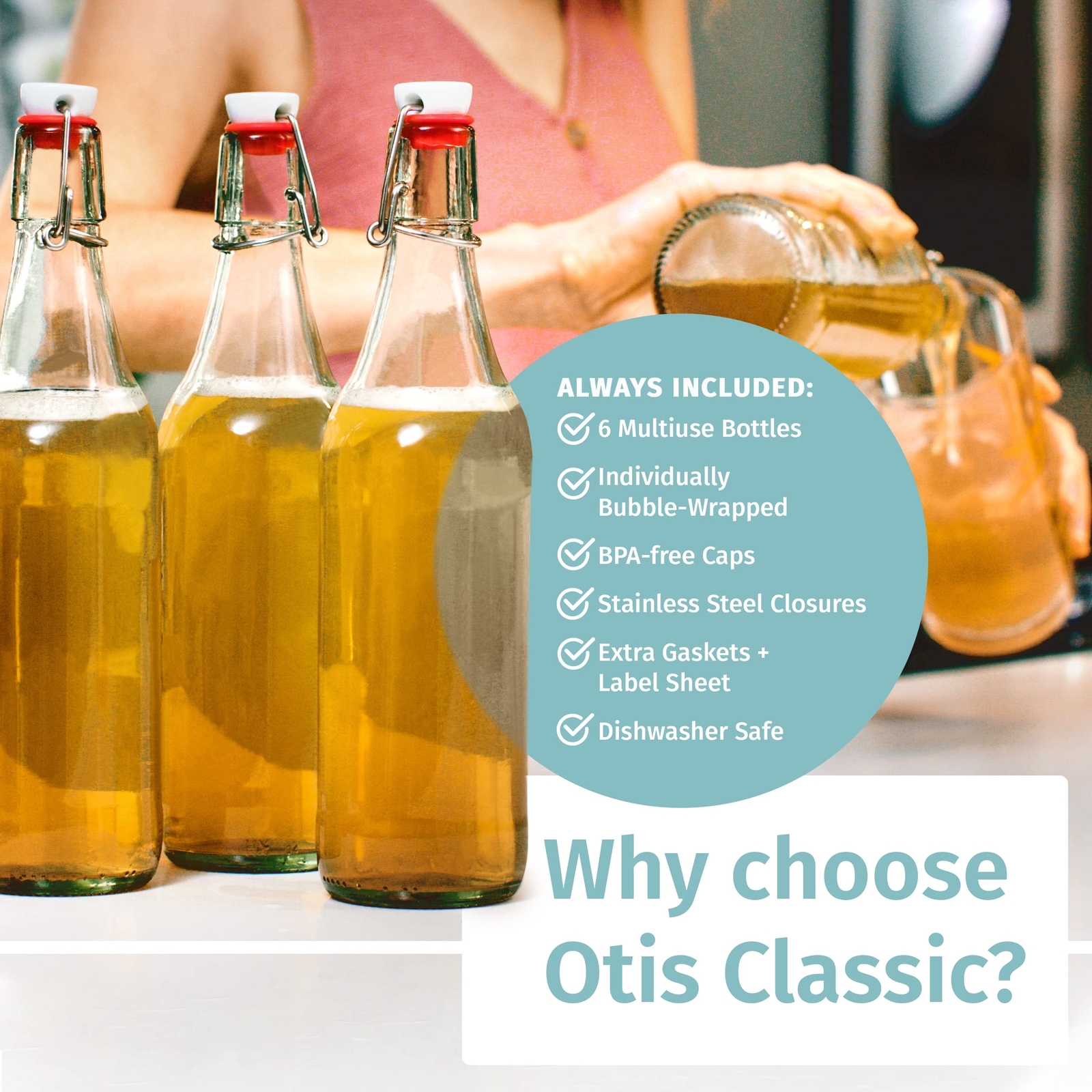 Otis Classic Swing Top Glass Bottles - Set of 6, 16oz w/Marker & Labels - Cle...
