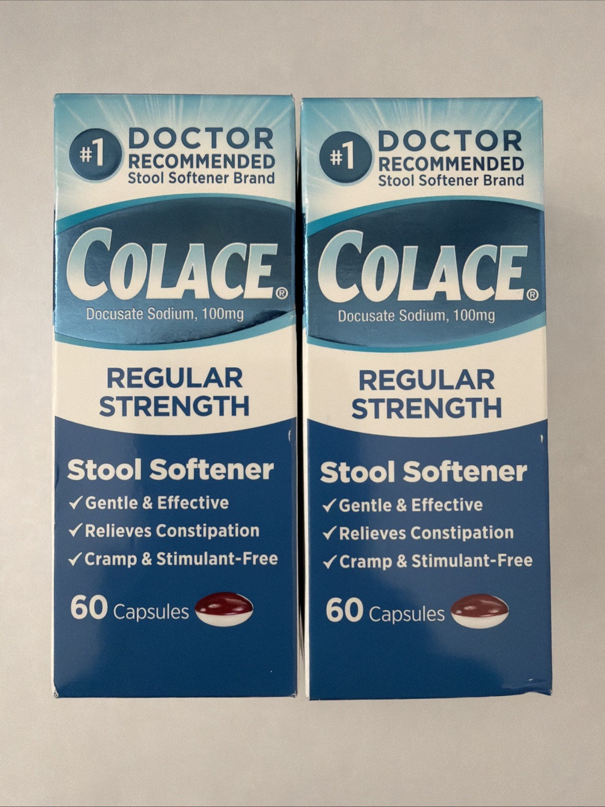 2 X Colace Regular Strength Stool Softener - 100 mg Capsules 60 Exp 2027+