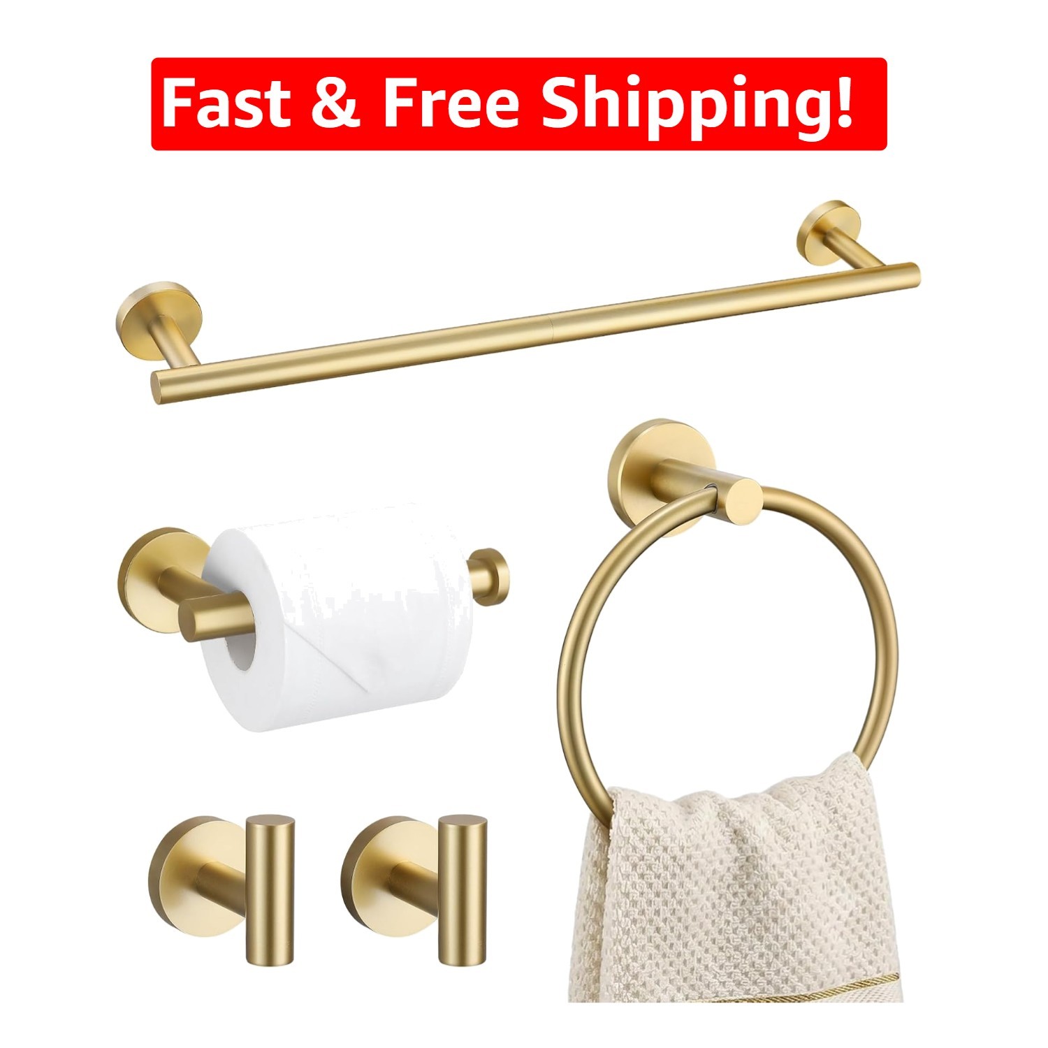 Brushed Gold 5-Piece Bathroom Hardware Set - Elegant Stainless Steel Accessories