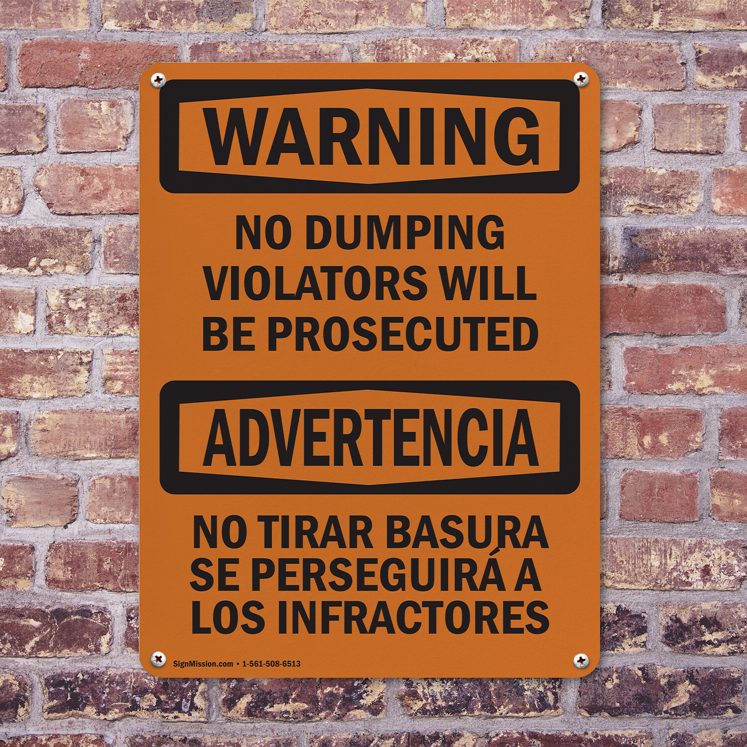 (2 Pack) No Dumping Violators Prosecuted Bilingual OSHA Warning Sign Decal Metal