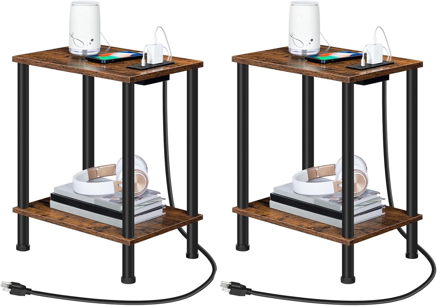 Side Table with Charging Station Set of 2 End Tables w/ USB Ports Nightstand