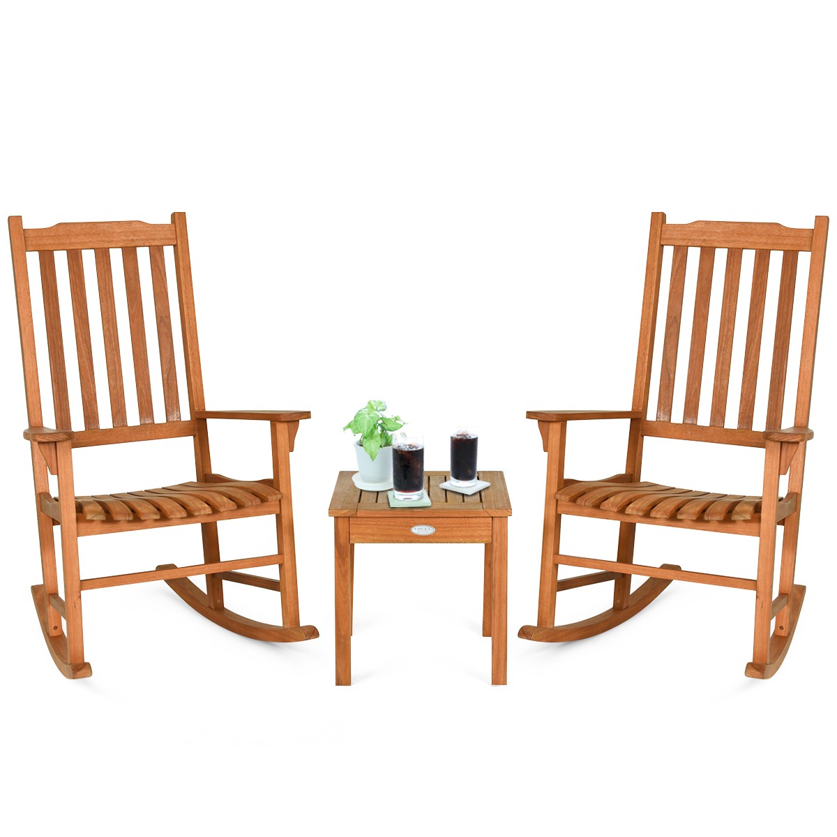 3 Pieces Eucalyptus Rocking Chair Set Coffee Table 2 Wood Conversation Chairs