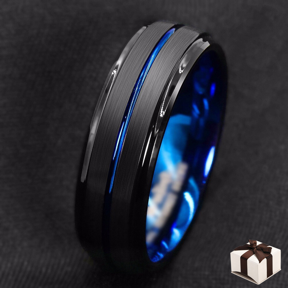 8MM Stainless Steel Thin Blue Line Wedding Ring Engagement Band for Men