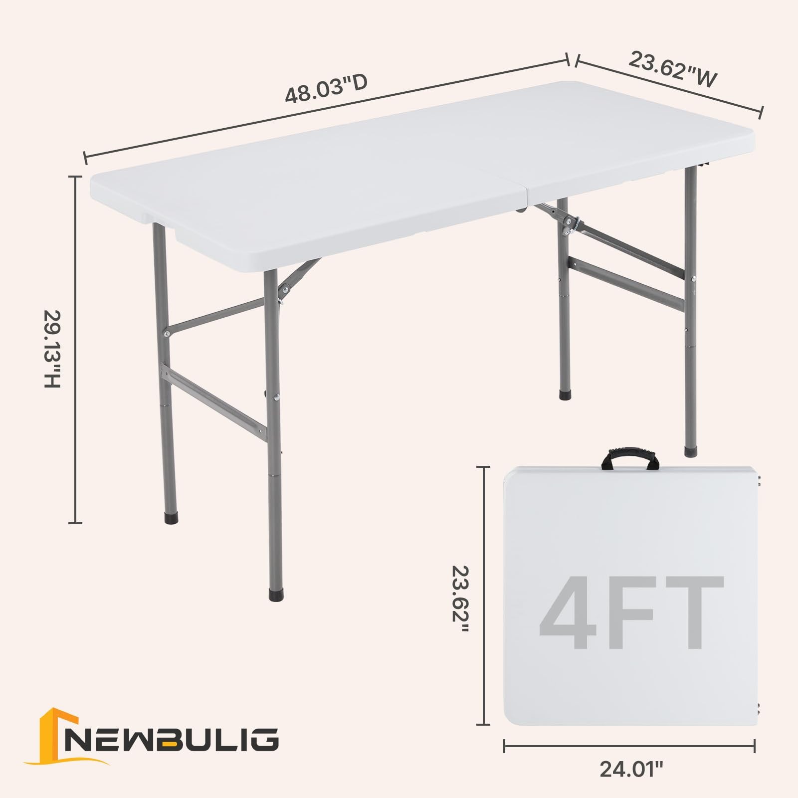 NEWBULIG 4 FT Folding Table Plastic Portable Fold-in-Half 4 FT, White